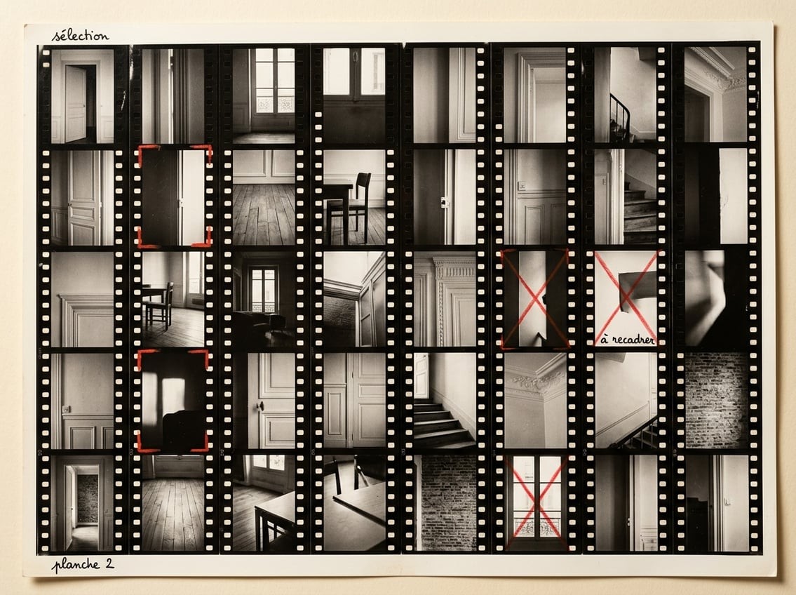 Planche-contact photographique en noir et blanc montrant plusieurs vues d'un intérieur documenté, marques rouges au crayon indiquant des sélections