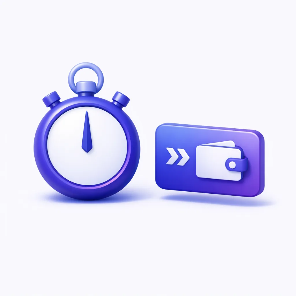 Retrait rapide casino crypto sans KYC, chronomètre et carte wallet en rendu 3D indigo