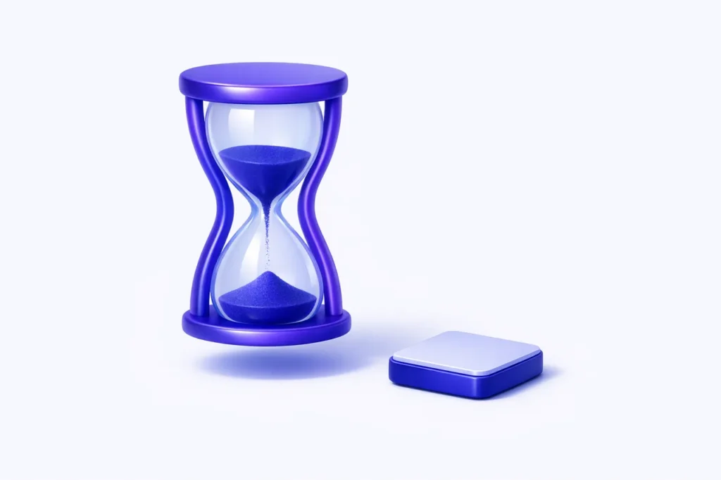 Jouer sans KYC 2026, sablier au sable indigo et jeton en rendu 3D indigo violet