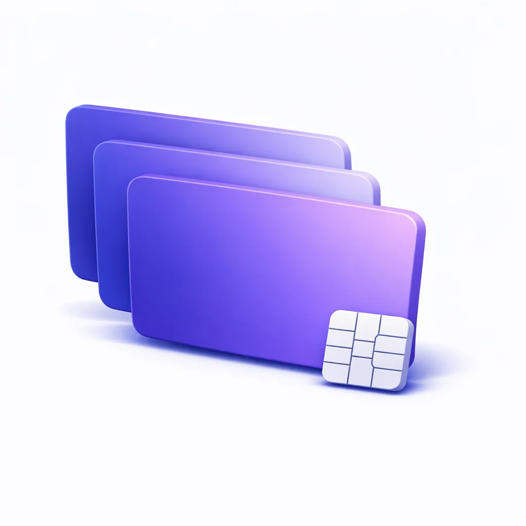 Choisir le rail de paiement sans KYC, trois cartes empilées en éventail en rendu 3D indigo