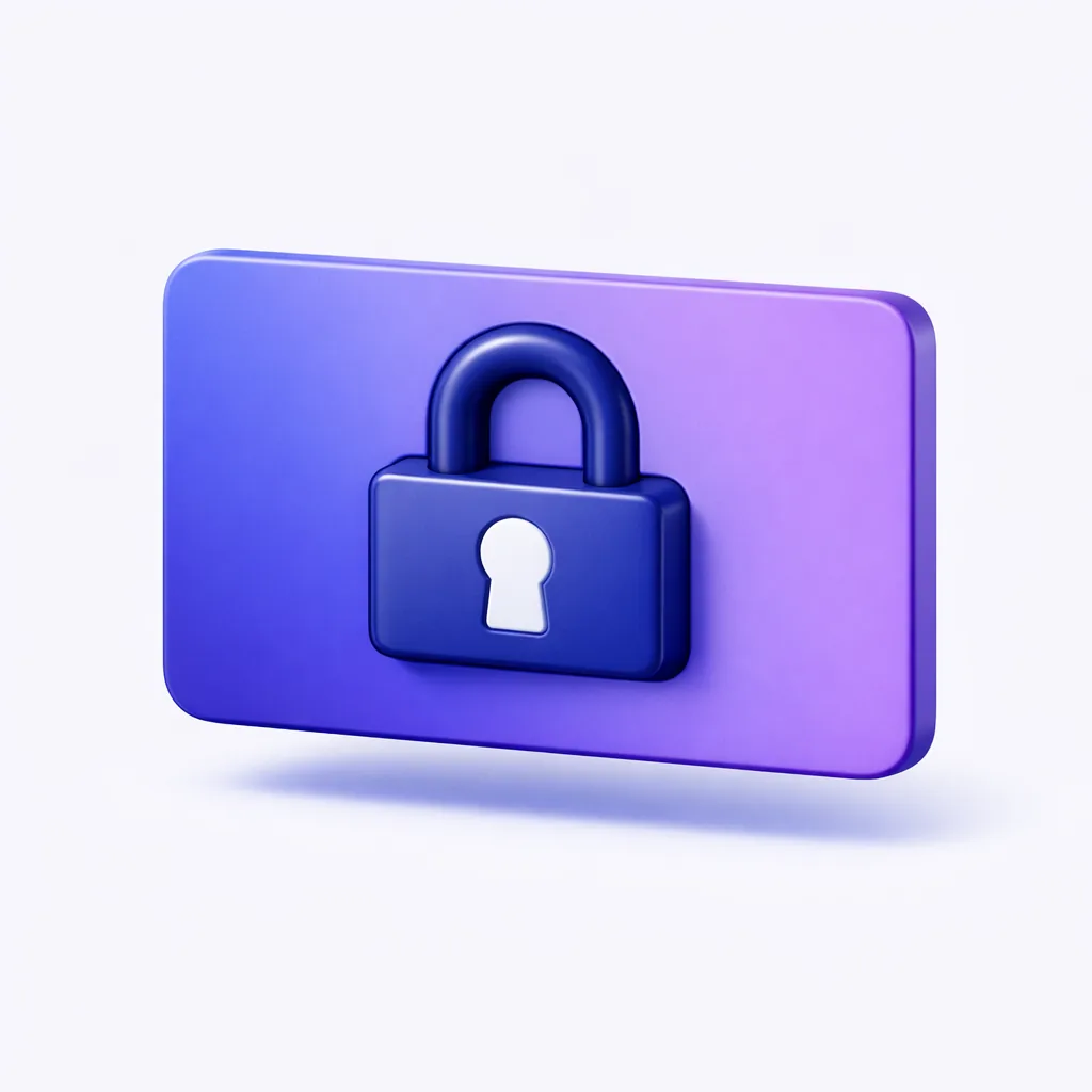 Sécurité et hygiène de session sans KYC, cadenas intégré à une carte en rendu 3D indigo