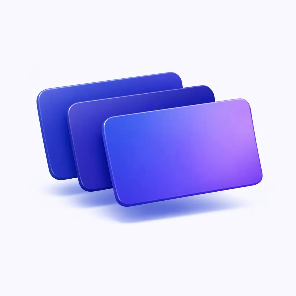 Documents typiques d un KYC casino, trois cartes empilées en éventail en rendu 3D indigo