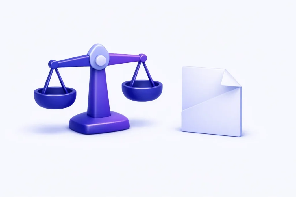 Légalité sans KYC 2026, balance et document plié en rendu 3D indigo violet