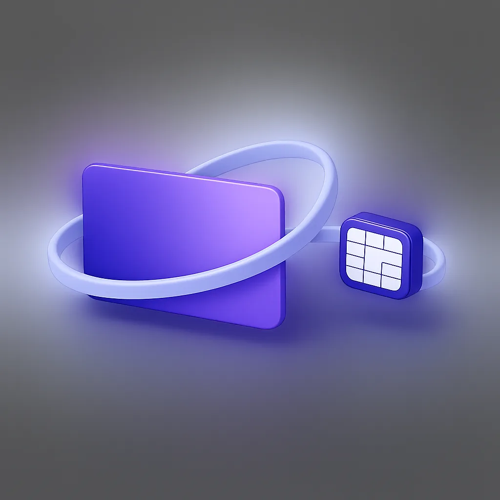Flux Neosurf sans KYC, carte prépayée et jeton reliés par une boucle continue en rendu 3D indigo