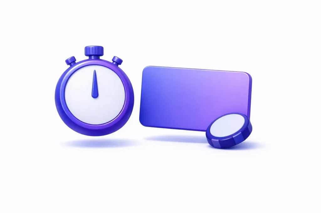Retrait sans KYC 2026, chronomètre carte et jeton en rendu 3D indigo violet